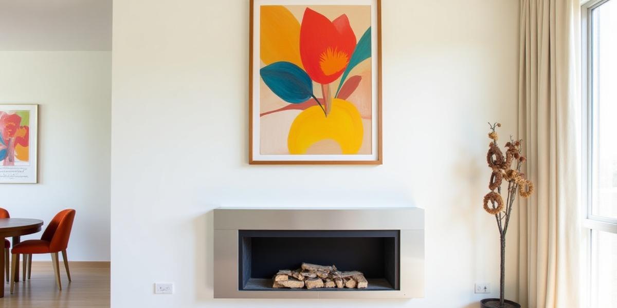 Custom framed abstract art above a minimalist fireplace